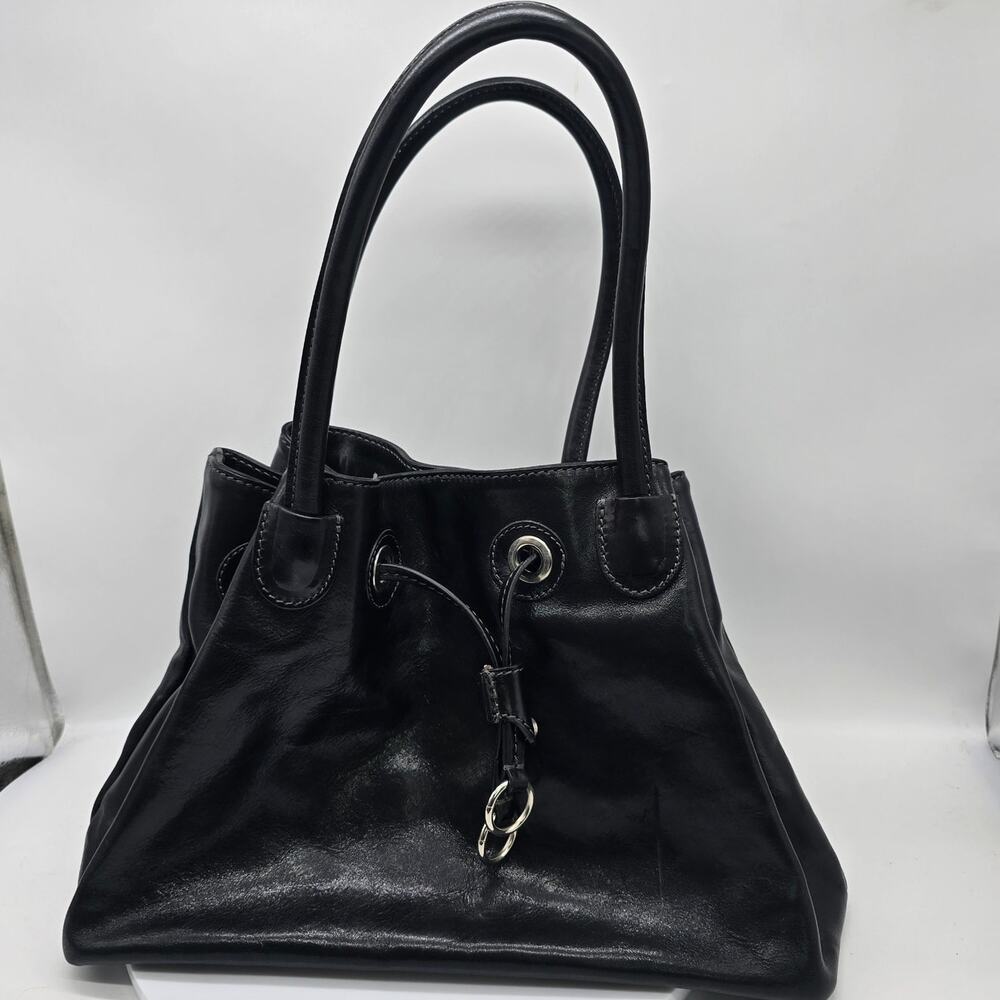 Floto Italian Leather Shoulder Bucket Bag Made in Italy Black Work Excellent